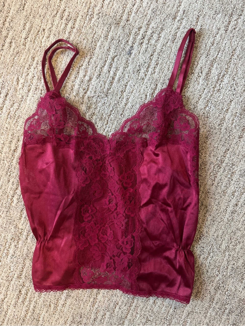 Vintage Burgundy Lace-Trim Satin Cami Top Adjustable Straps Small